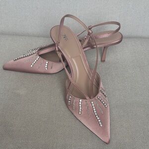 Zara Pink Satin Heels with Rhinestone Accents